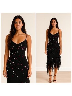 Vintage Cache Black Beaded Midi Dress Floral Embellished Asymmetrical Hem Size 8